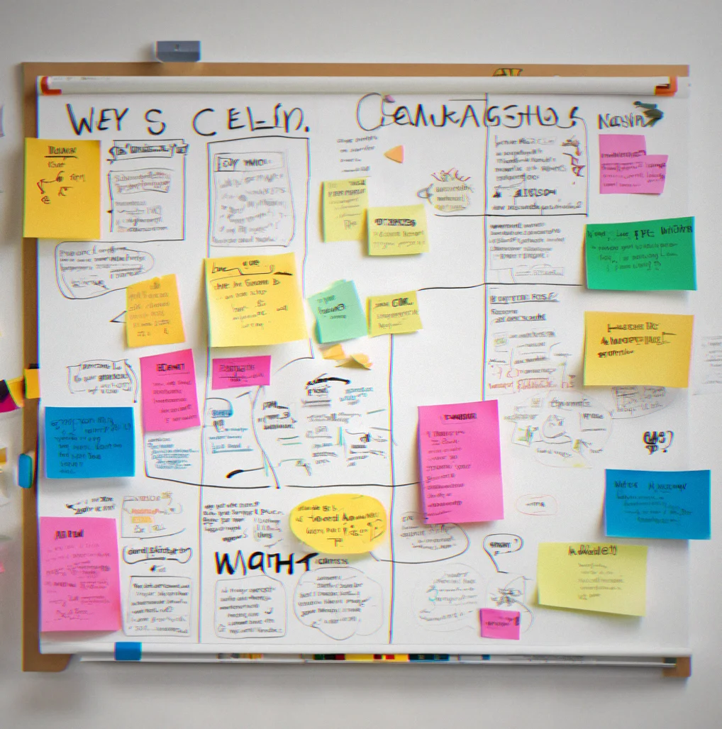 Team workshop session with whiteboard notes, sticky notes, and conversation between strategist and client stakeholders