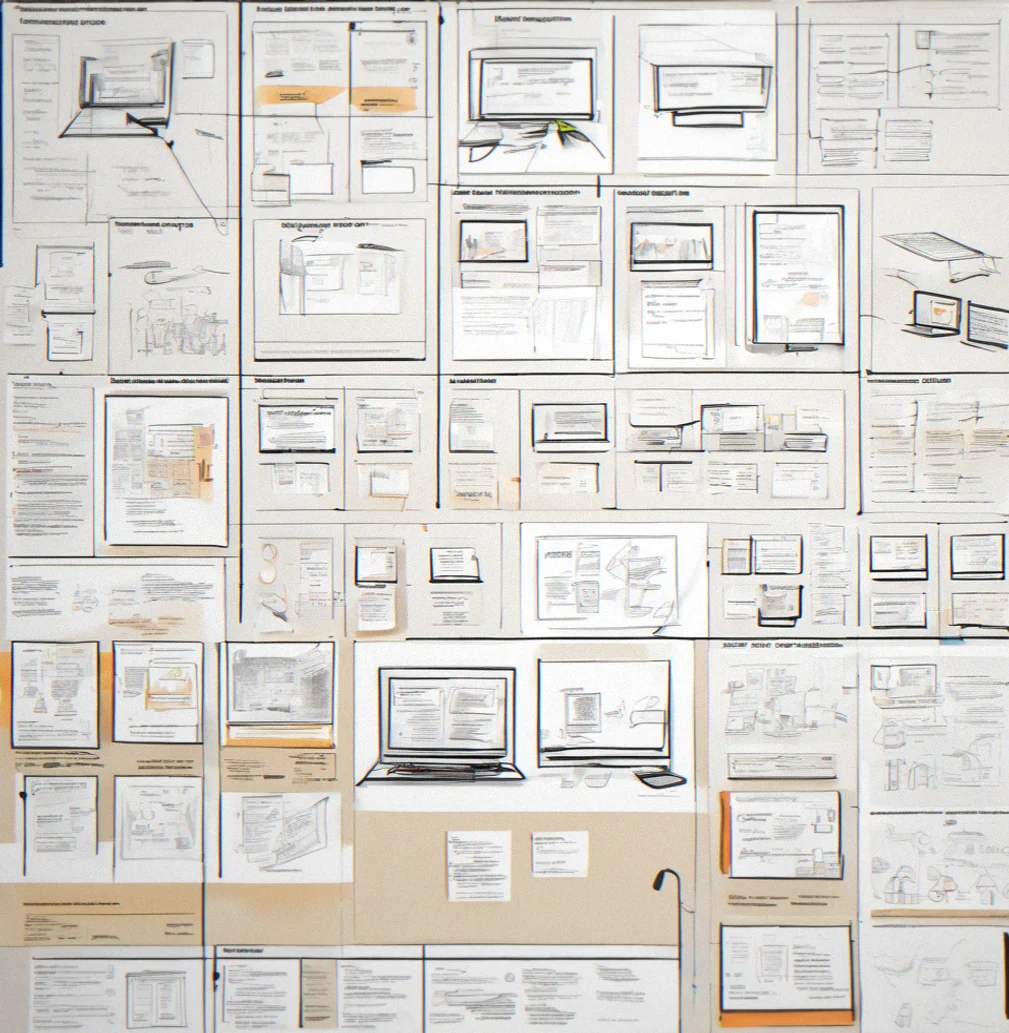 Wireframe sketches and information architecture diagram spread across a desk, showing service offerings organized by customer journey