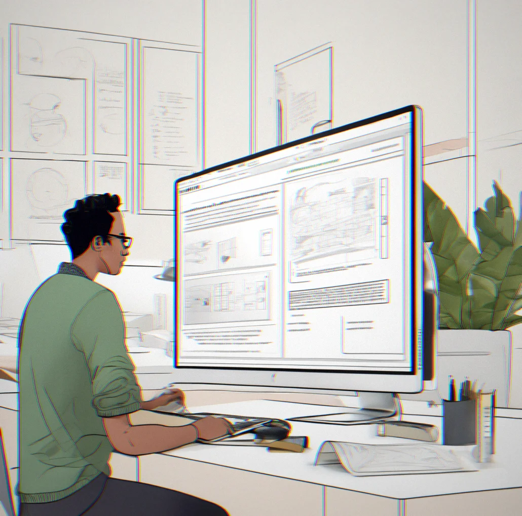 Designer showing high-fidelity mockup on screen alongside developer writing code, with accessibility checklist visible on monitor