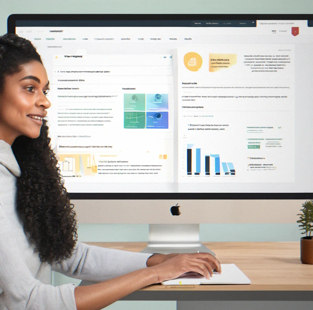 Marketing team member updating a blog post in the CMS dashboard, with publish button visible and preview panel showing live site