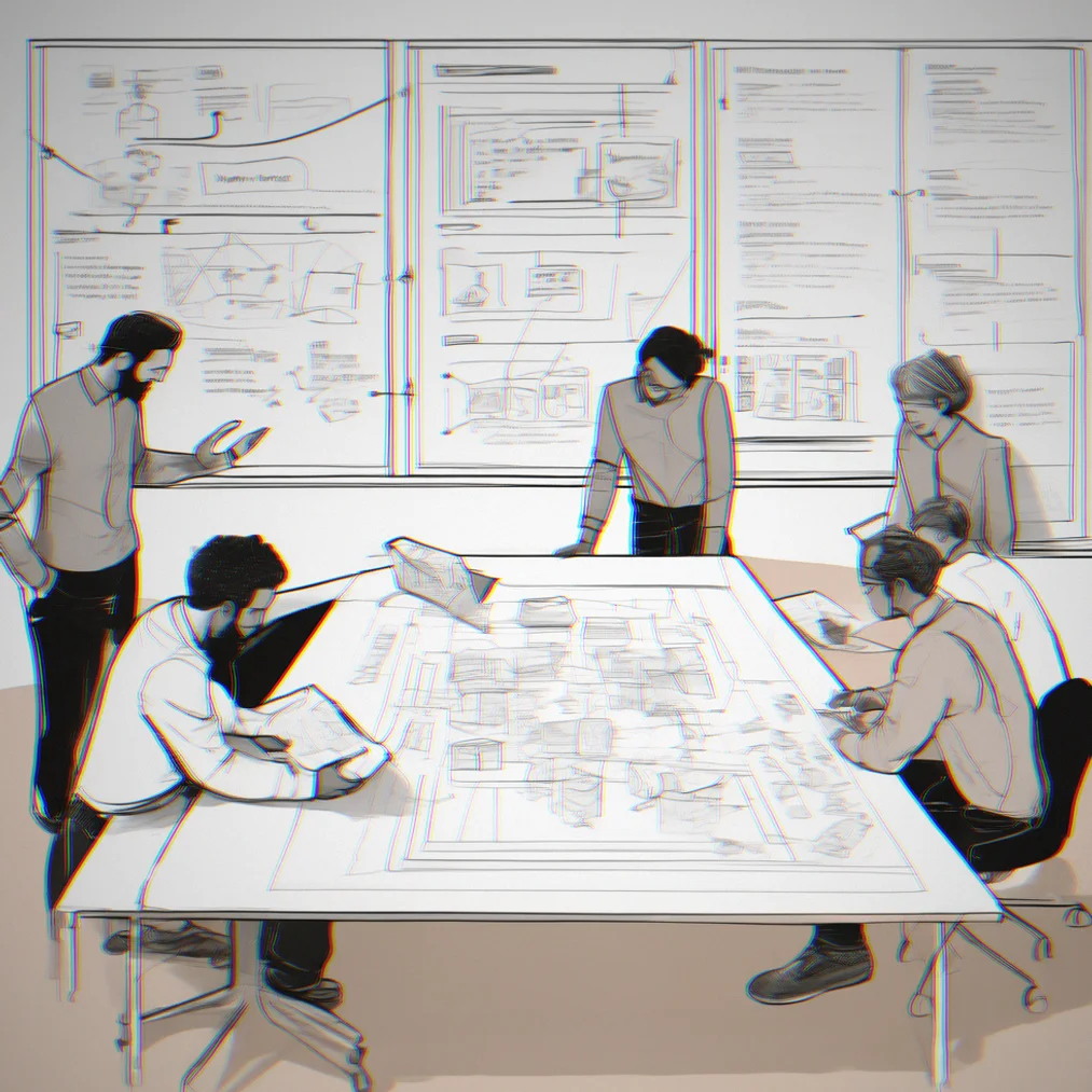 Workshop session where three people are gathered around a whiteboard working through wireframes and takling through the information architecture for a B2B site