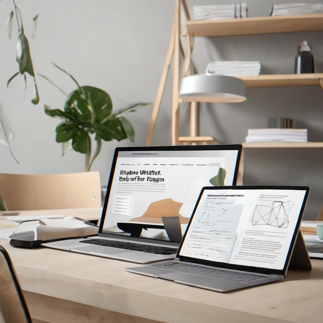 Printed case study document sitting next to a laptop screen displaying the same project with before-and-after website design side by side