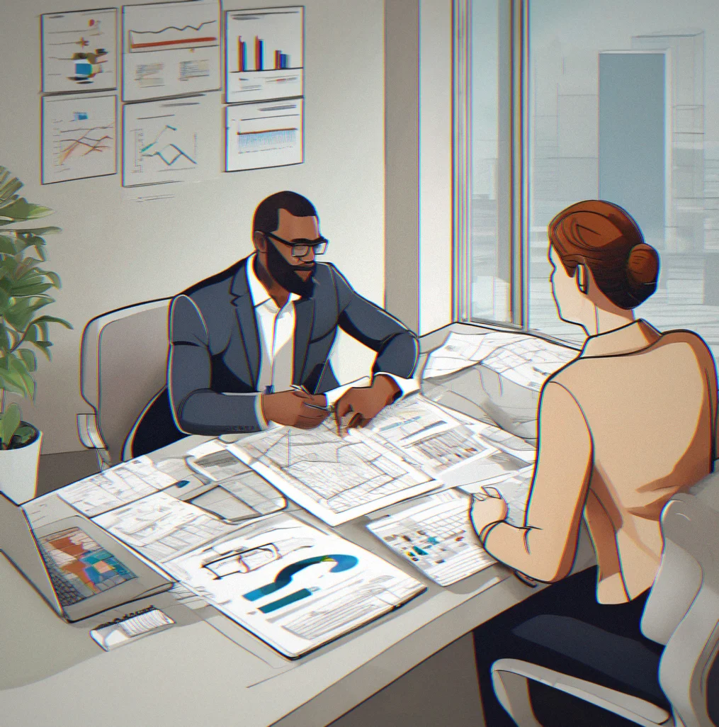 Marketing director and operations lead at a conference table going over website analytics together, digging into user behavior data